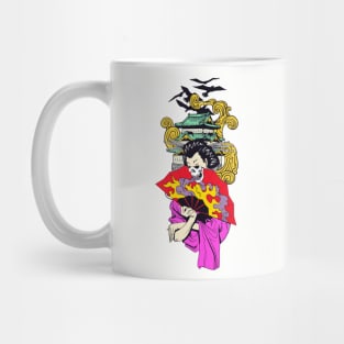 Geisha With Fan Over Pagoda Mug